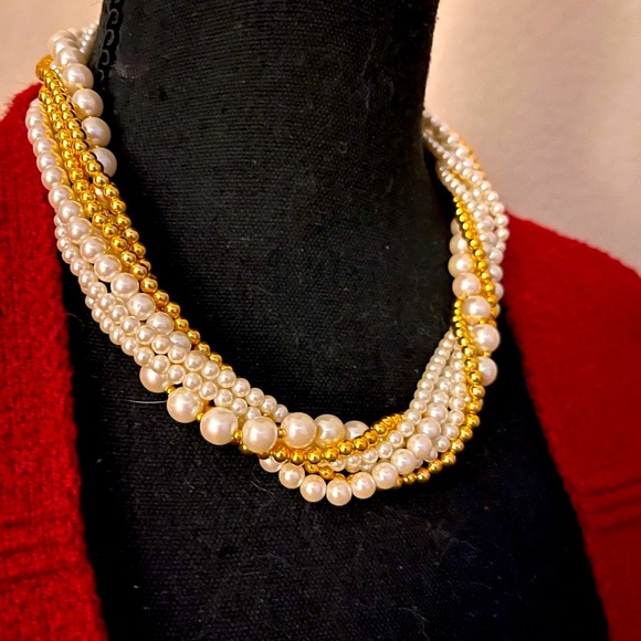 N139 NEW Multistrand white and gold faux pearl necklace can be worn as torsade - Picture 3 of 7